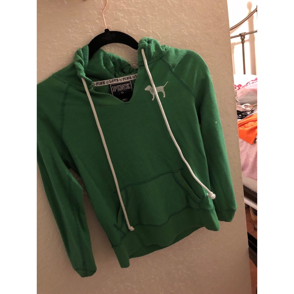 Pink Victoria Secret Green hoodie.